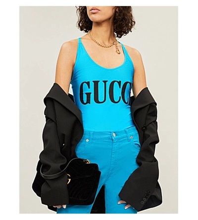Shop Gucci Logo-print Stretch-jersey Body In Vivid Cornflower Black