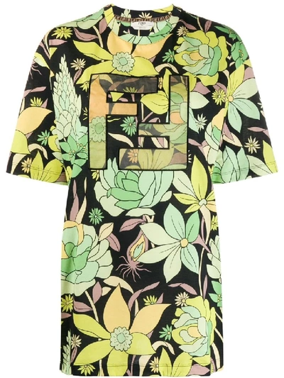 Shop Fendi Green Floral Print Logo T-shirt In Neutrals