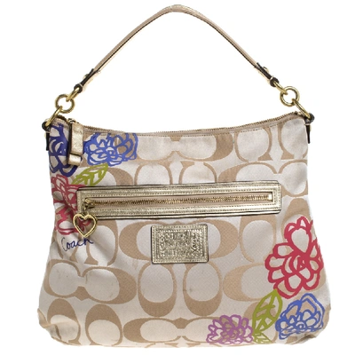 Pre-owned Coach Beige/gold Flower Print Canvas And Leather Hobo