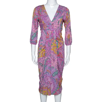 Pre-owned Etro Multicolor Cotton Watercolor Paisley Printed Dress L