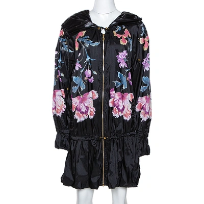 Pre-owned Roberto Cavalli Black Synthetic Floral Printed Hooded Dress M