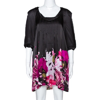 Pre-owned Roberto Cavalli Black & Fuschia Floral Printed Silk Pleated Mini Dress M