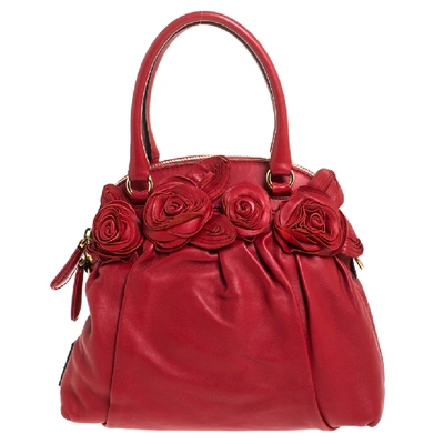 Pre-owned Valentino Garavani Red Leather Rose Detail Small Dome Satchel