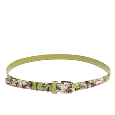 Pre-owned Dolce & Gabbana Green Floral Print Fabric Buckle Belt 75cm