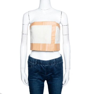 Pre-owned Fendi Off White Linen Cotton Leather Trim Bustier Top M In Cream