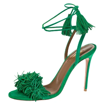 Pre-owned Aquazzura Green Suede Leather Wild Thing Fringe Ankle Wrap Sandals Size 36