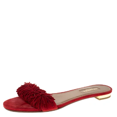 Pre-owned Aquazzura Red Suede Leather Wild Thing Fringe Flat Slide Size 37