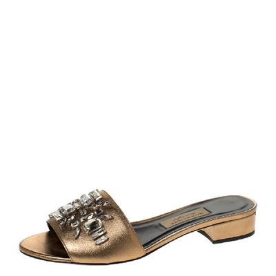 Pre-owned Burberry Metallic Gold Leather Crystal Embellished Flat Slides Size 38.5