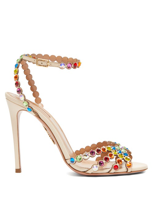 Aquazzura Tequila 105 Crystal-embellished Leather Sandals In Neutrals ...