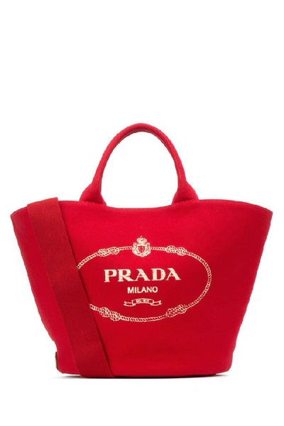 Shop Prada Logo Canvas Tote Bag In Red