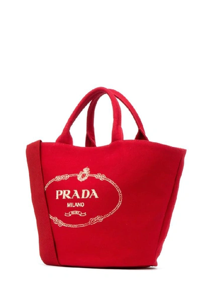 Shop Prada Logo Canvas Tote Bag In Red