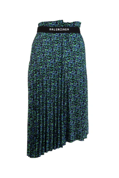 Shop Balenciaga Floral Pleated Asymmetric Midi Skirt In Multi