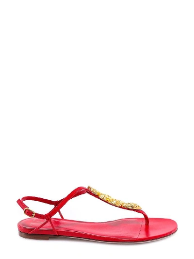 Shop Valentino Embellished Thong Sandals In Red