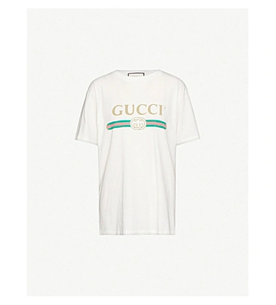 Shop Gucci Logo-print Cotton-jersey T-shirt In Natural White Printe