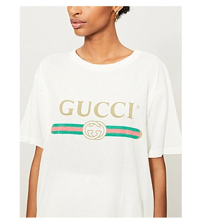 Shop Gucci Logo-print Cotton-jersey T-shirt In Natural White Printe