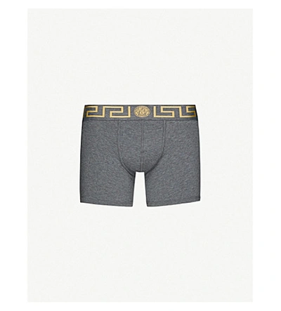 Shop Versace Iconic-print Stretch-cotton Trunks In Grey