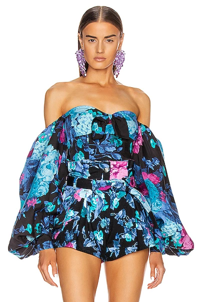 Shop Attico Printed Tie Top With Balloon Sleeves In Blue & Mauve
