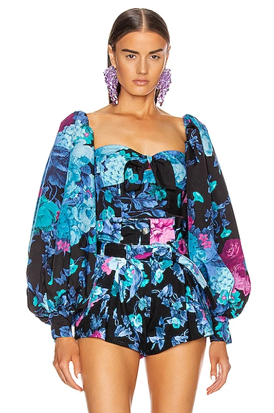 Shop Attico Printed Tie Top With Balloon Sleeves In Blue & Mauve