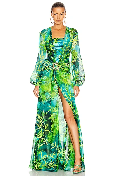 Shop Versace Palm Long Sleeve Dress In Green