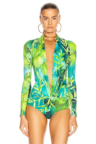 Shop Versace Palm Long Sleeve Bodysuit In Green