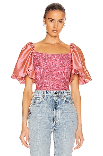 Shop Markarian Orlando Puff Shoulder Top In Pink Sequin