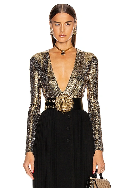 Shop Gucci Long Sleeve Bodysuit In Black & Gold