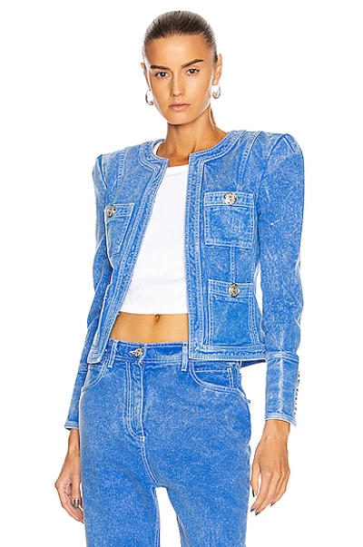 Shop Balmain Collarless Acid Wash Denim Jacket In Blue & White