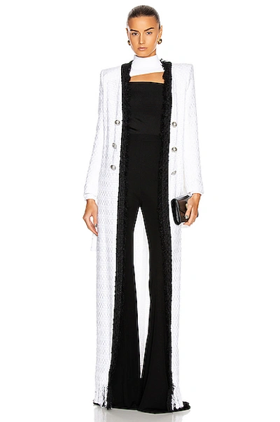 Shop Balmain Long Frayed Tweed Belted Cardigan In White & Black