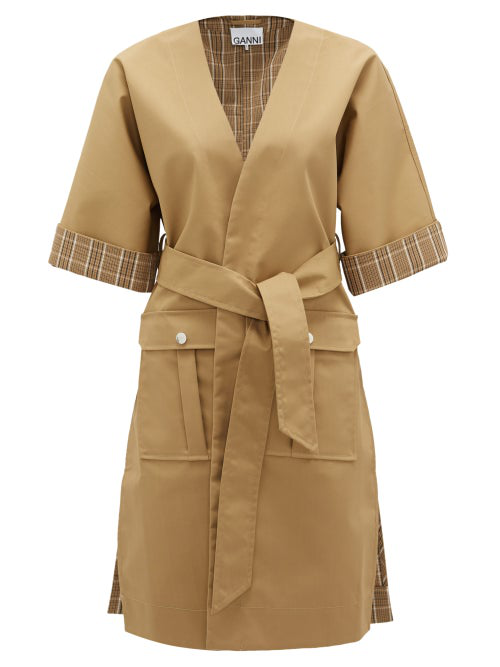 Ganni Plaid-trim Wrap-front Cotton-blend Jacket In Beige | ModeSens