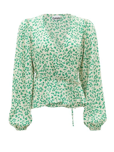 Ganni Blouson-sleeve Floral-print Crepe Wrap Top In Green-lt | ModeSens