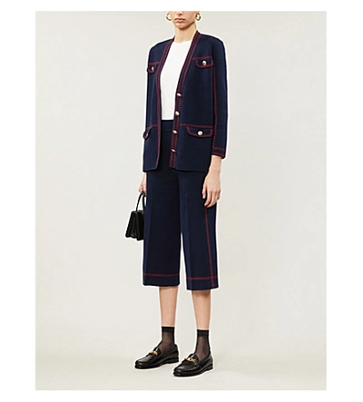 Shop Maje Contrast-stitching Cotton Cardigan In Navy