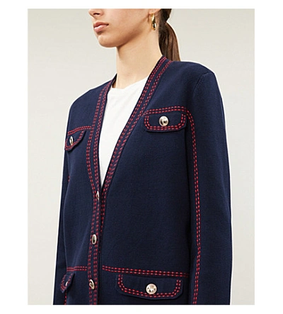 Shop Maje Contrast-stitching Cotton Cardigan In Navy