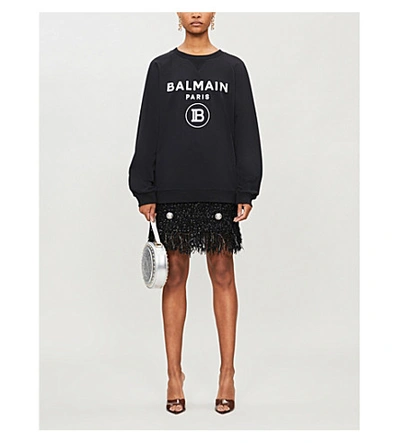 Shop Balmain Logo-print Cotton-jersey Sweatshirt In Noir/blanc