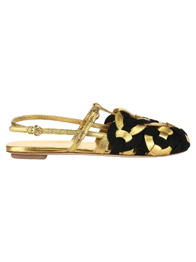 Shop Prada Woven Motif Flat Sandals In Black Gold