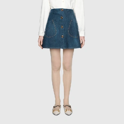 Shop Gucci Marble Washed Denim Mini Skirt In Blue