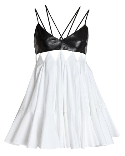 Shop David Koma Leather-trimmed Cotton Dress In Black/white