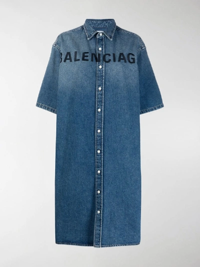 Shop Balenciaga Logo Print Denim Shirt Dress In Blue