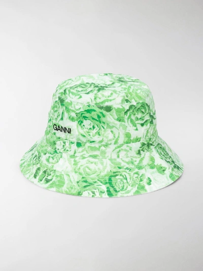 Shop Ganni Floral Print Bucket Hat In Green