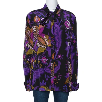 Pre-owned Roberto Cavalli Purple Floral Print Silk Neck Tie Detail Blouse L