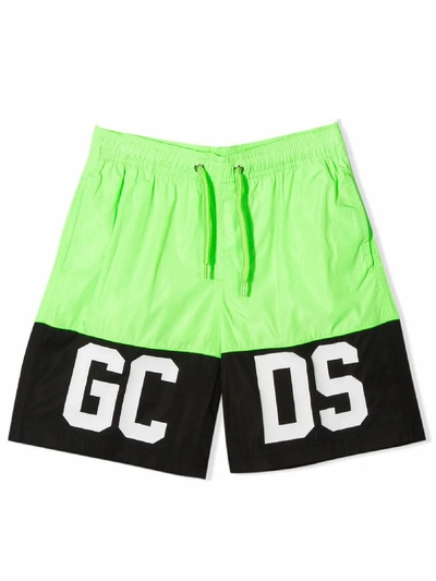 Shop Gcds Black And Green Logo Swim Shorts In Verde