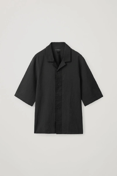 Shop Cos Camp Collar Organic Cotton-linen Shirt In Black