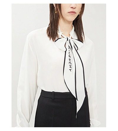 Shop Givenchy Logo-print Tied-neck Silk-crepe Blouse In Black