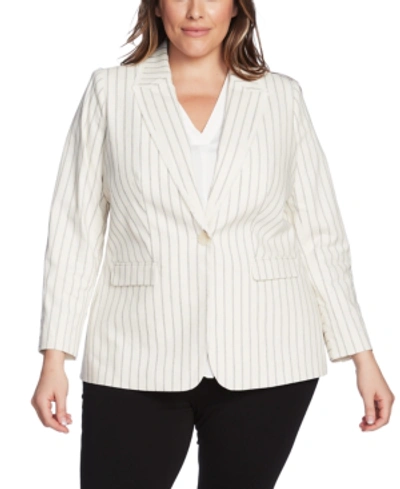 Shop Vince Camuto Plus Size Frayed-trim Striped Blazer In Pearl Ivory