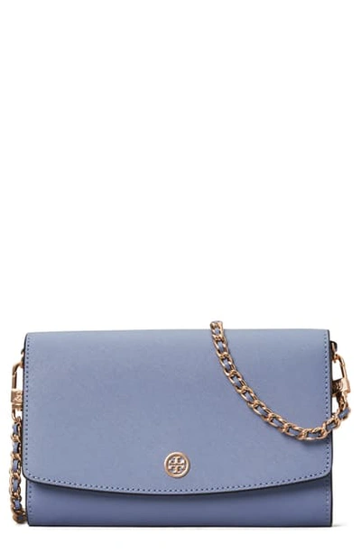 Shop Tory Burch Robinson Leather Wallet On A Chain In Bluewood