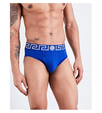 Shop Versace Iconic Slim-fit Stretch-cotton Briefs In Bluette