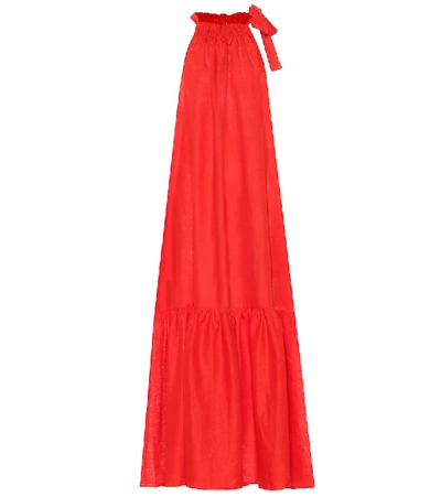 Shop Asceno Ibiza Linen Halterneck Maxi Dress In Red