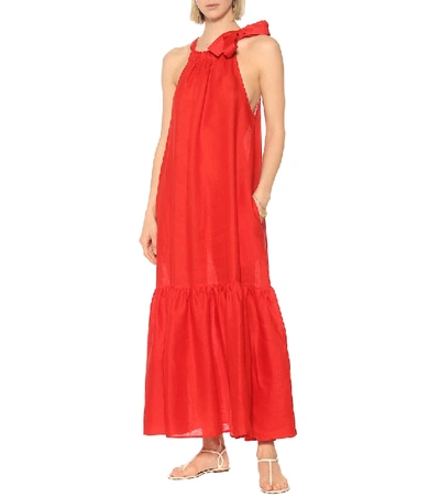 Shop Asceno Ibiza Linen Halterneck Maxi Dress In Red