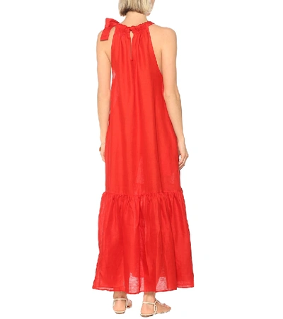 Shop Asceno Ibiza Linen Halterneck Maxi Dress In Red