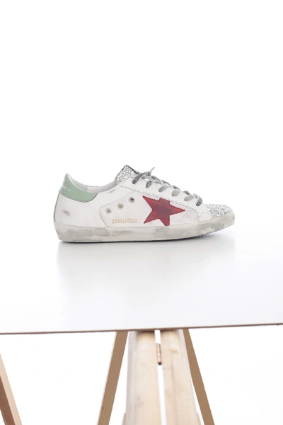 Shop Golden Goose Sneakers Superstar In White Leather Canvas Glitter Silver Red Star
