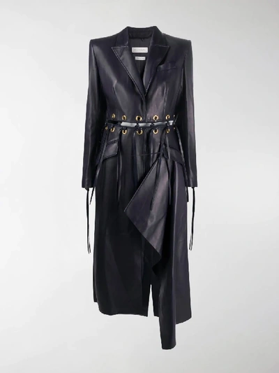 Shop Alexander Mcqueen Lace-up Leather Coat In Blue